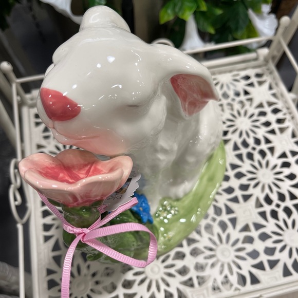 Blue Sky Clayworks Easter Bunny Smelling Pink & Blue Flower Ceramic NWT - Picture 3 of 8
